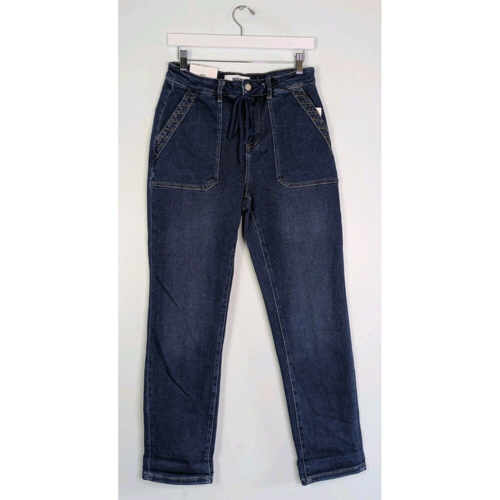 Mica Denim High Rise Drawstring Jogger Jeans Size 27 Dark Wash Front Patch
